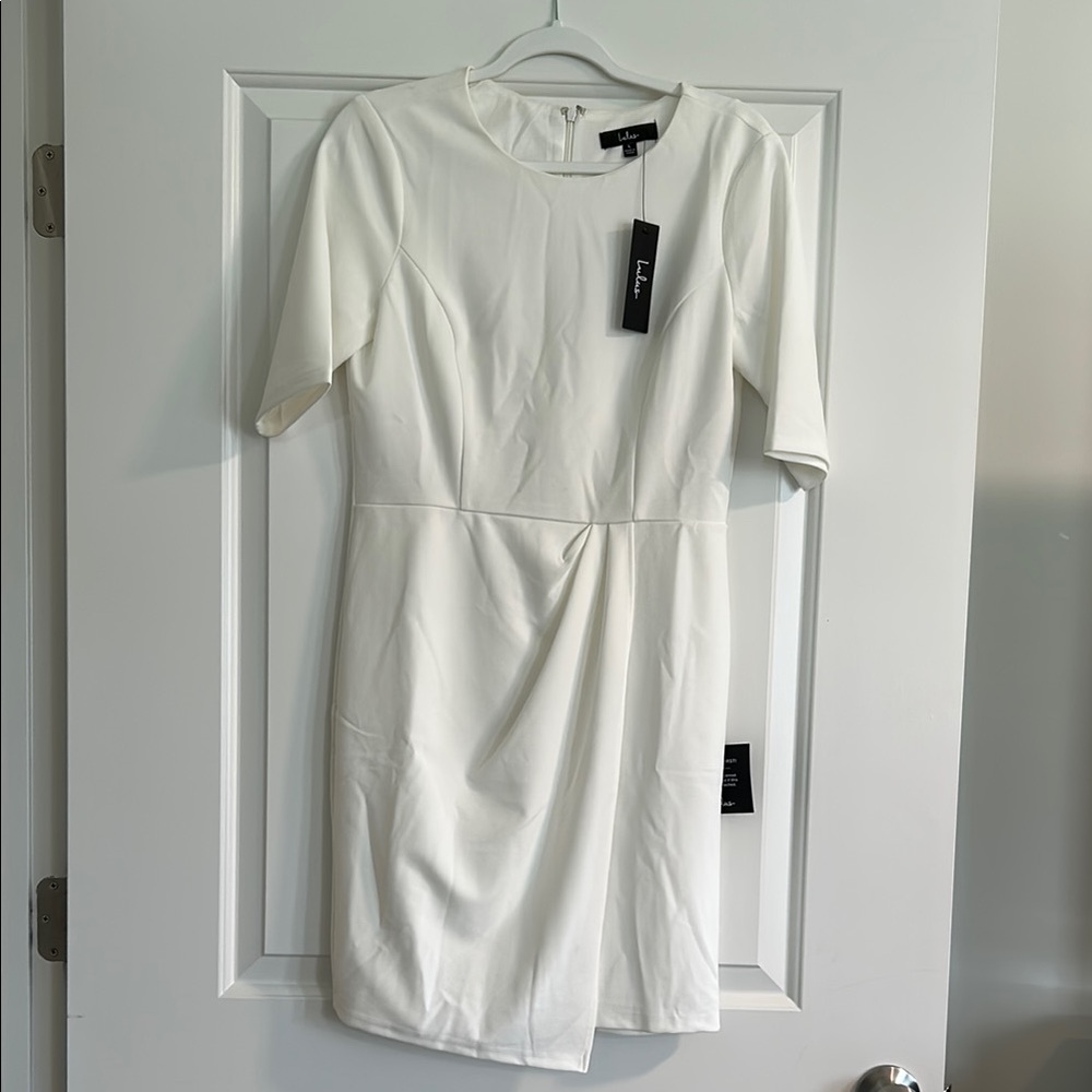 Lulu's White Ruched Faux Wrap Dress